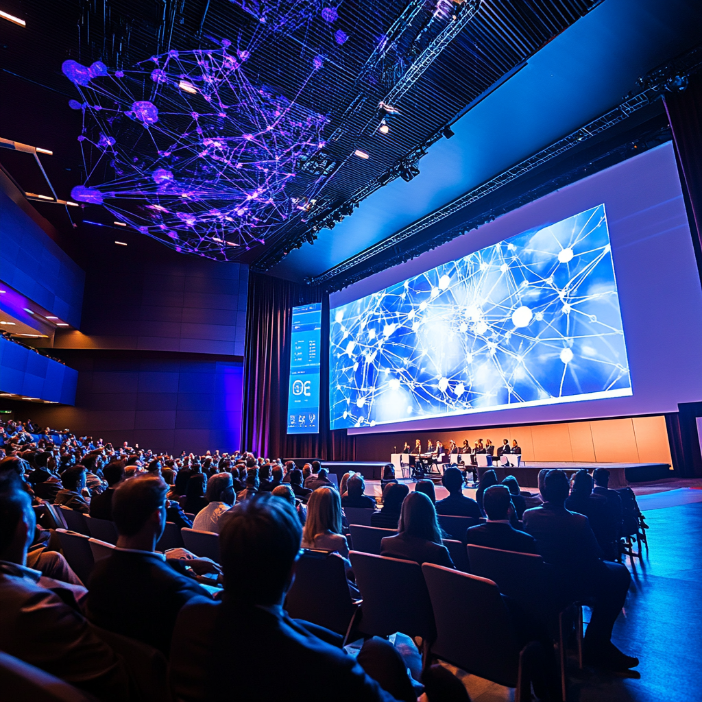 Modern auditorium with diverse global audience and professional lighting.