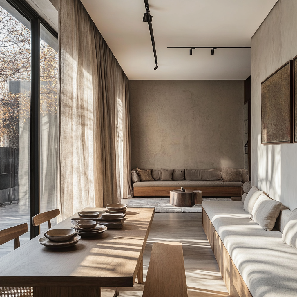 Modern interior with dining set and sofa alcove.