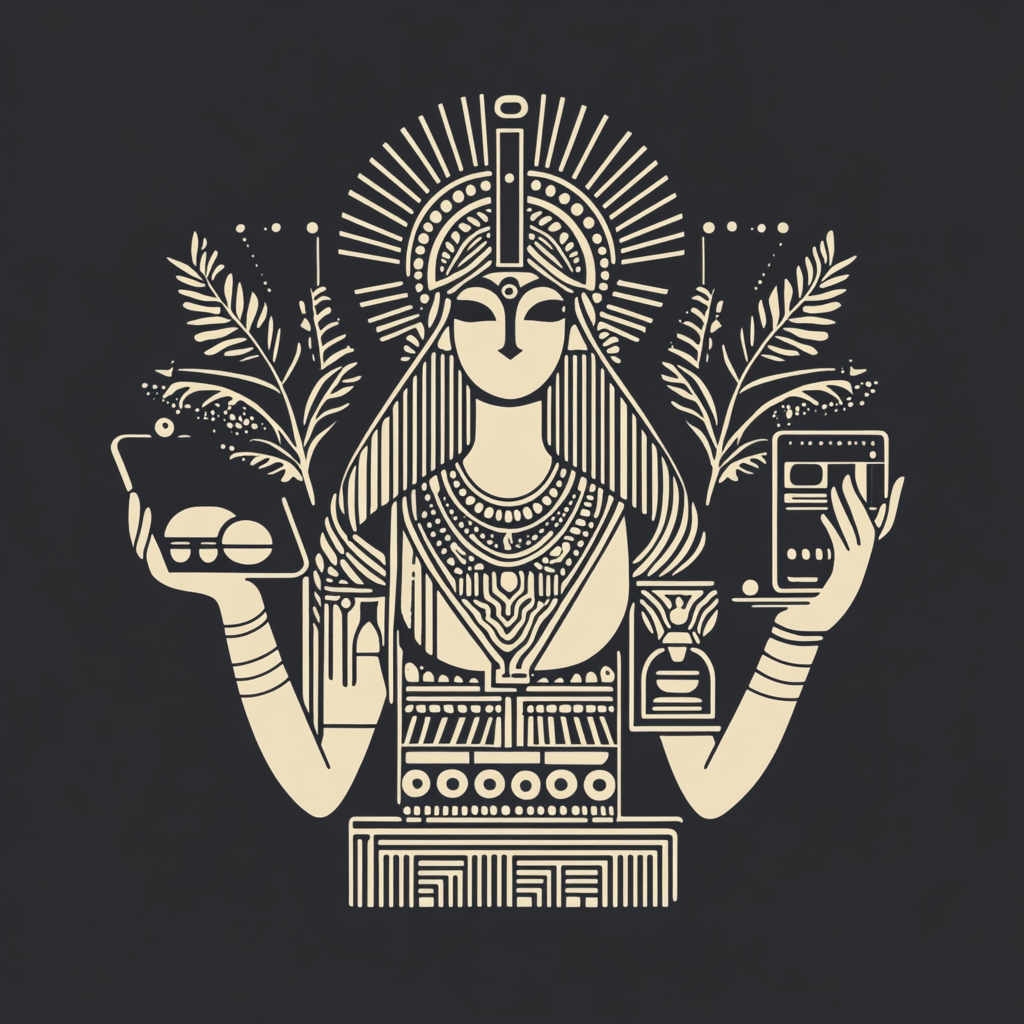 Modern logo of goddess Demeter with tech tools.