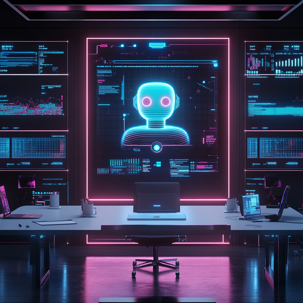 Modern workspace with holographic chatbot engaging with users.