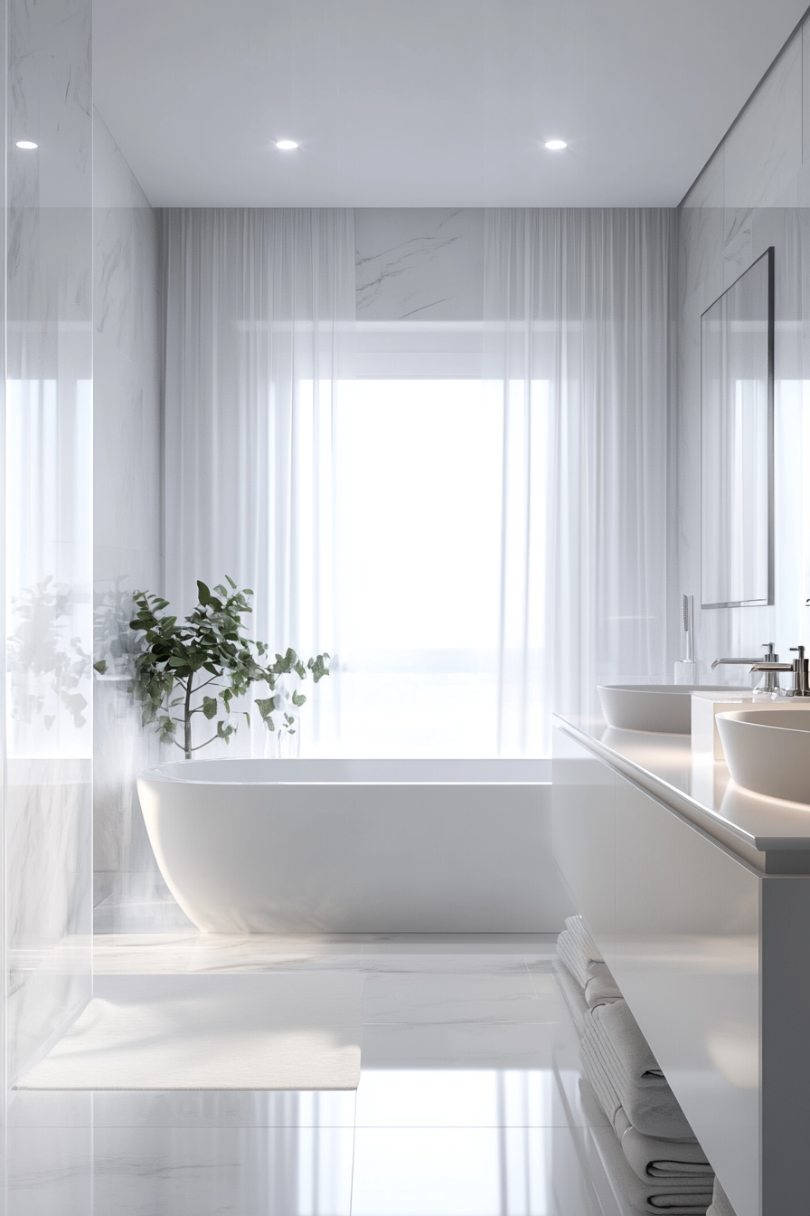 Monochrome bathroom with seamless look, varied textures, glossy countertops