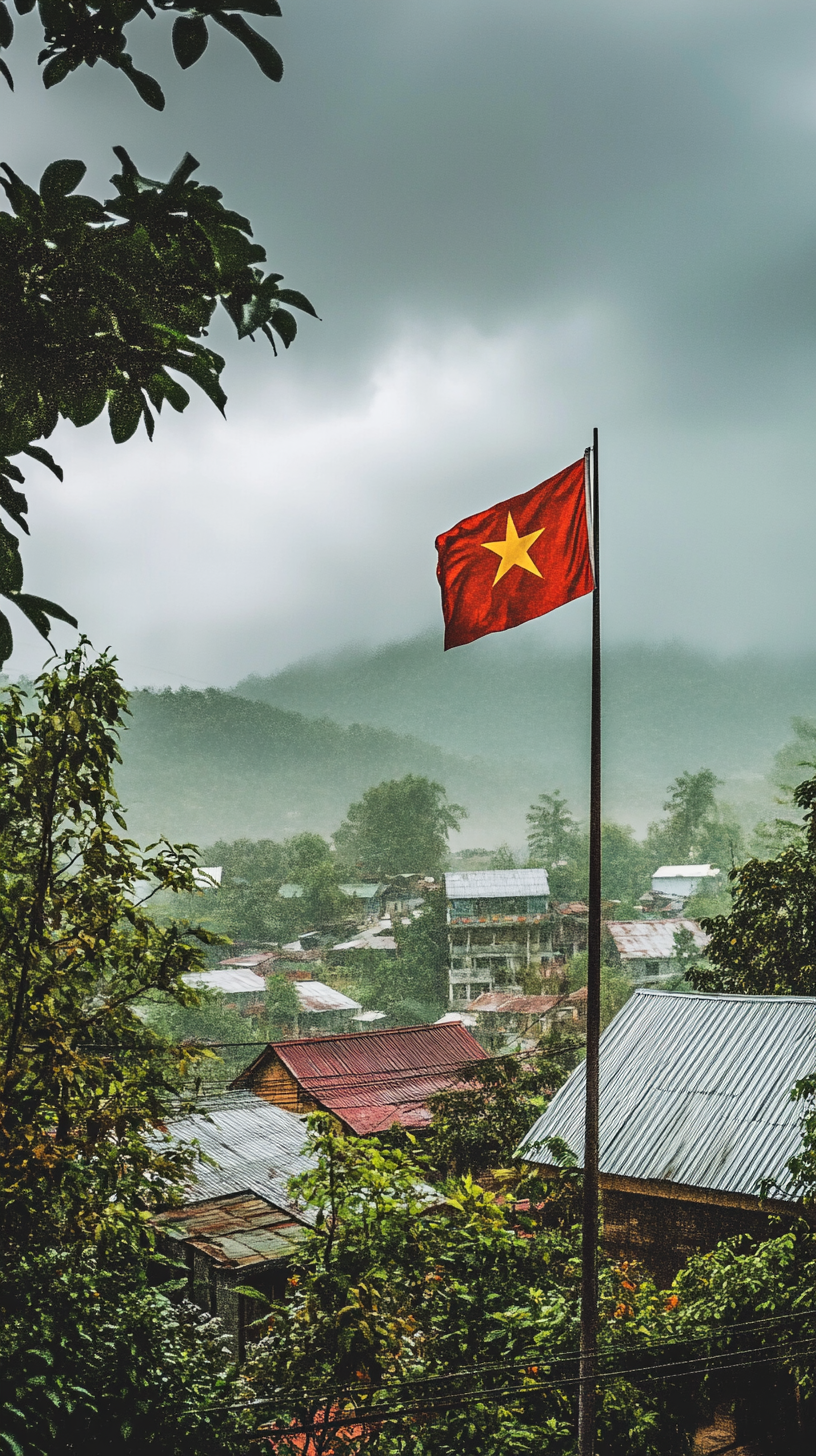 Moody rainy village scene with Vietnamese flag. Resilience and beauty.