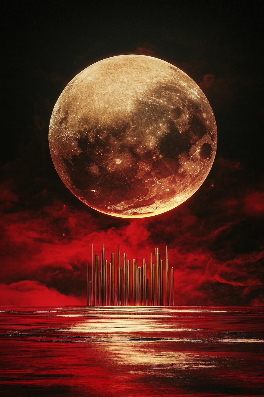 Moonrise shining above metallic sculpture in red and dark.