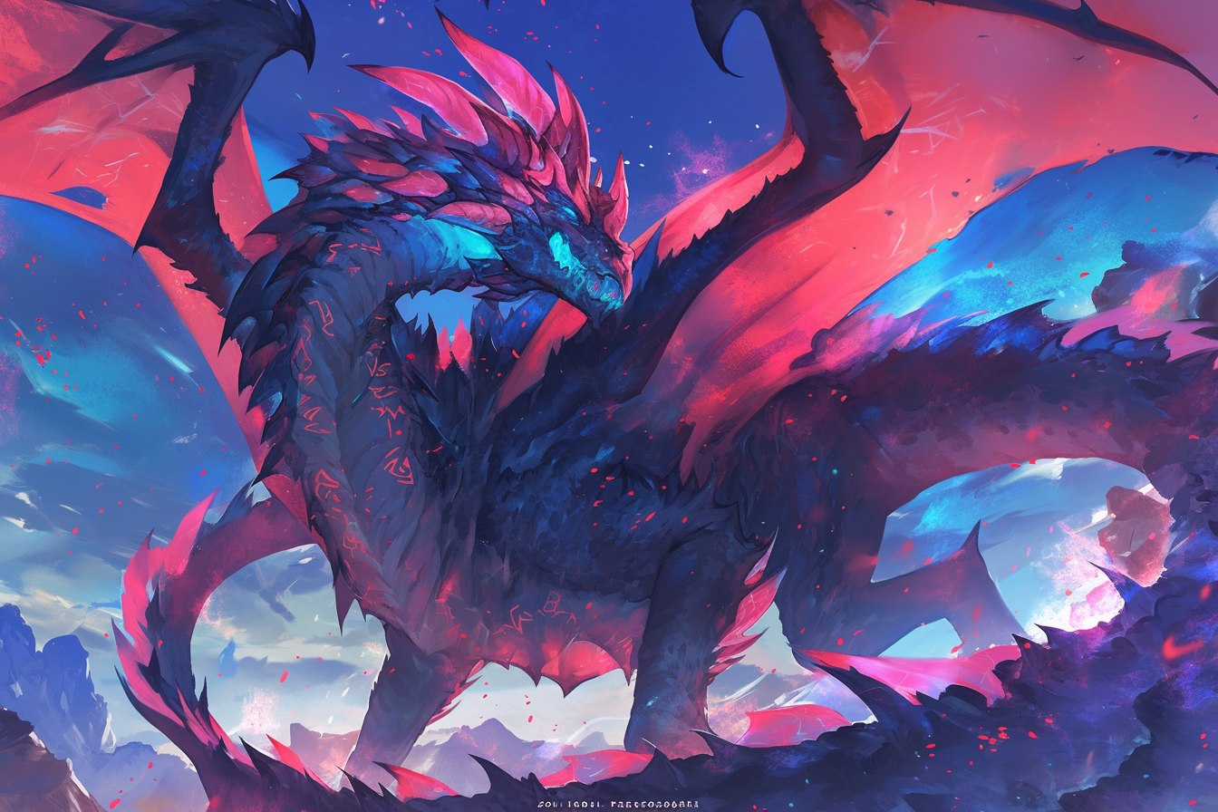 Mystic dragon with whiskers, gleaming scales, body runes.