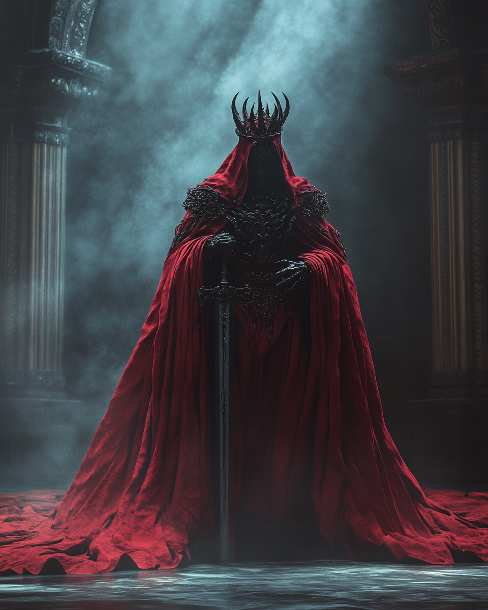 Mystical figure in red robes, crown, devil horns, sword