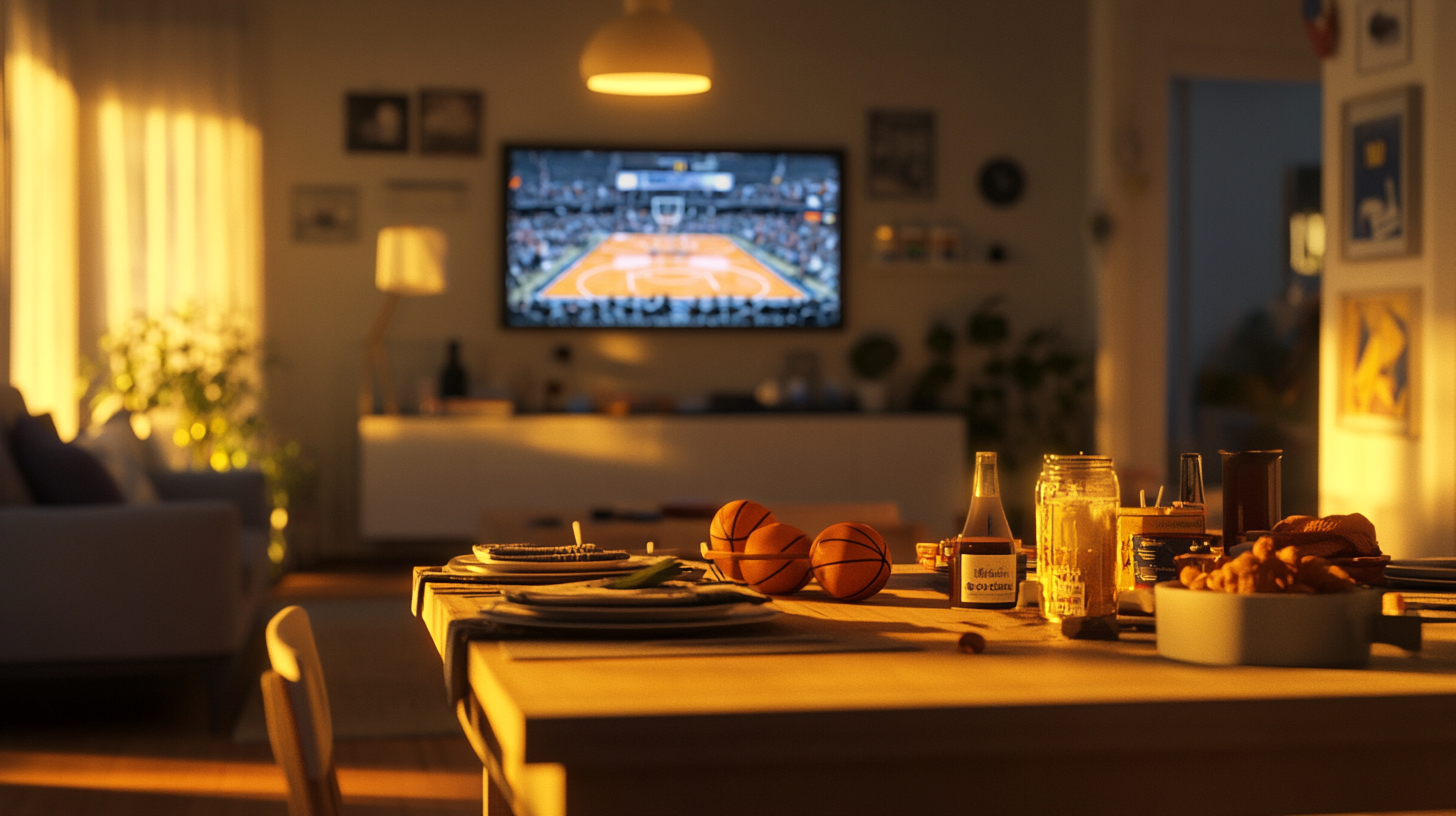 Nostalgic living room with basketball games on TV.