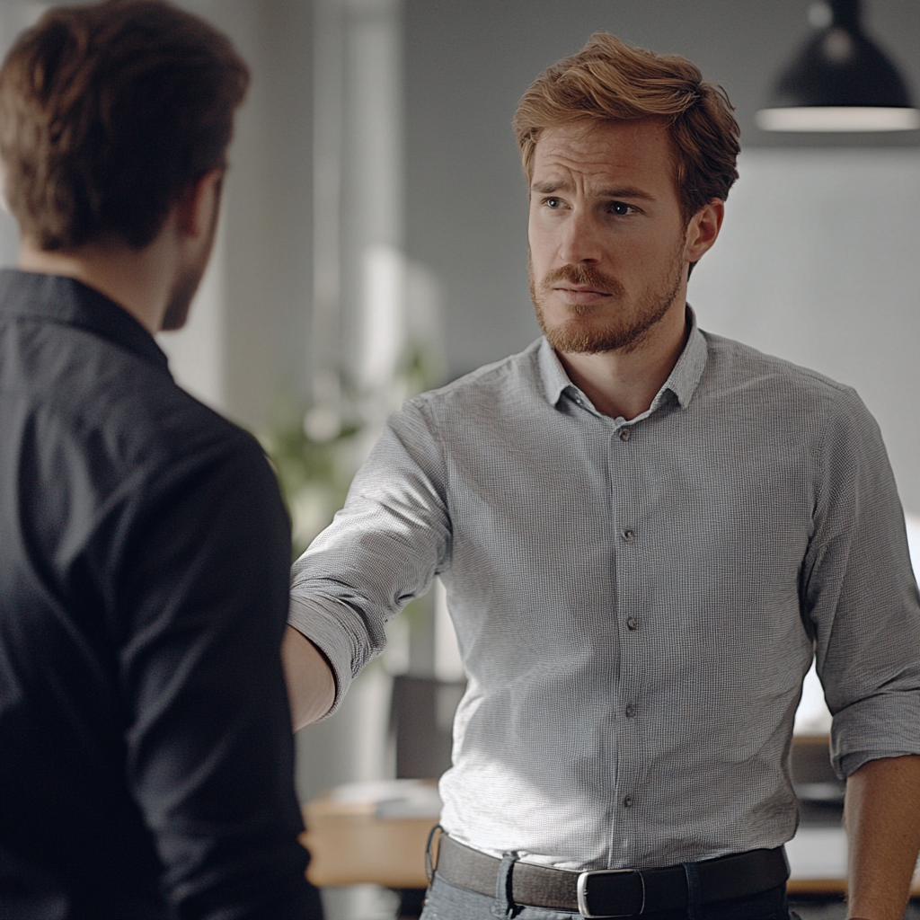 One worker presents arm, other looks uncomfortable, cinematic.