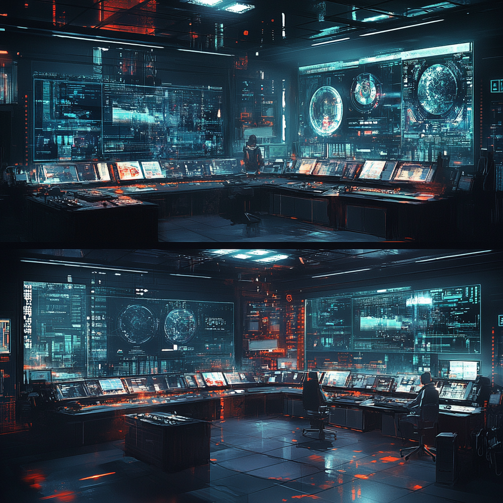 Opposing superpowers control rooms with advanced technology and holographics.