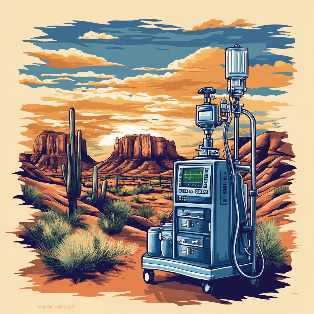 Outdoor Southwest scenery with anesthesia machine on shirt