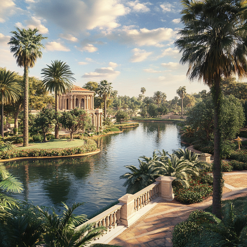 Outdoor park with palm trees, historical, empty, well-designed island.