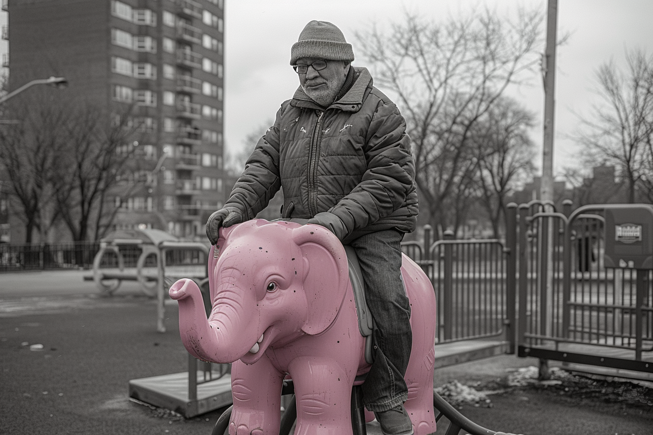 Overweight man in winter jacket rides pink elephant.