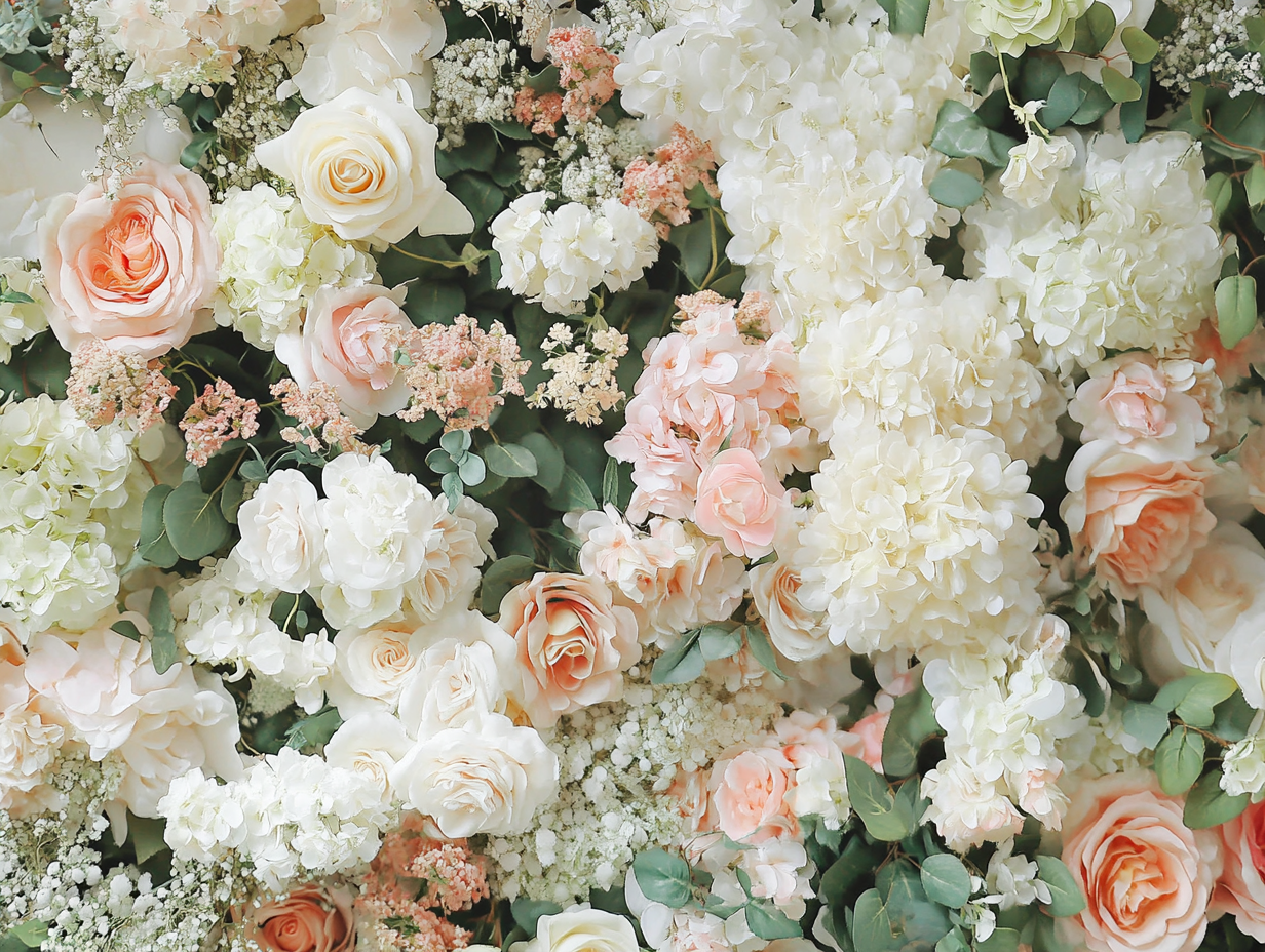 Pastel color flowers in green and white tones.