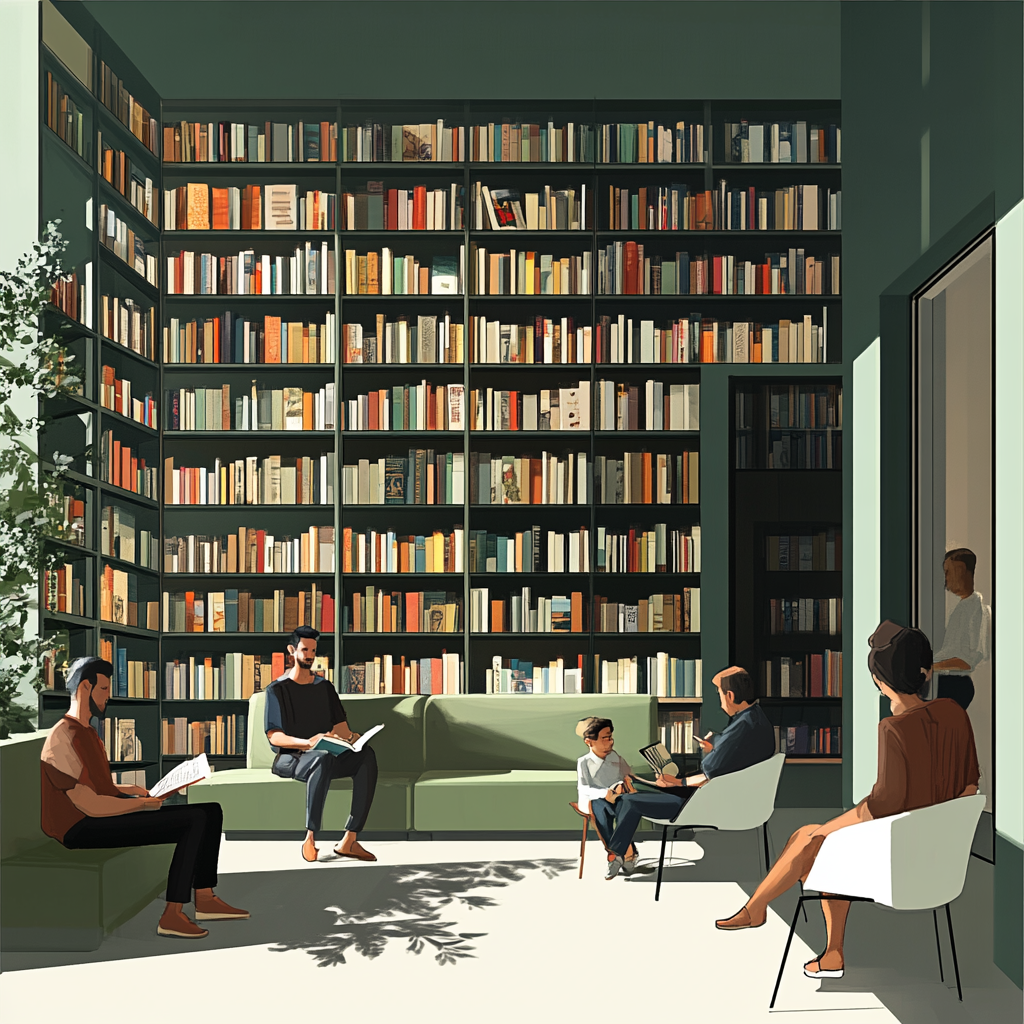 People reading books in modern, cozy library setting.