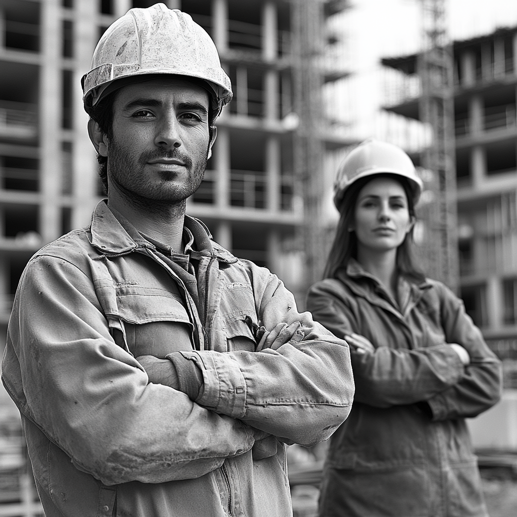 Photo of Moroccan man, European woman, workers in construction.