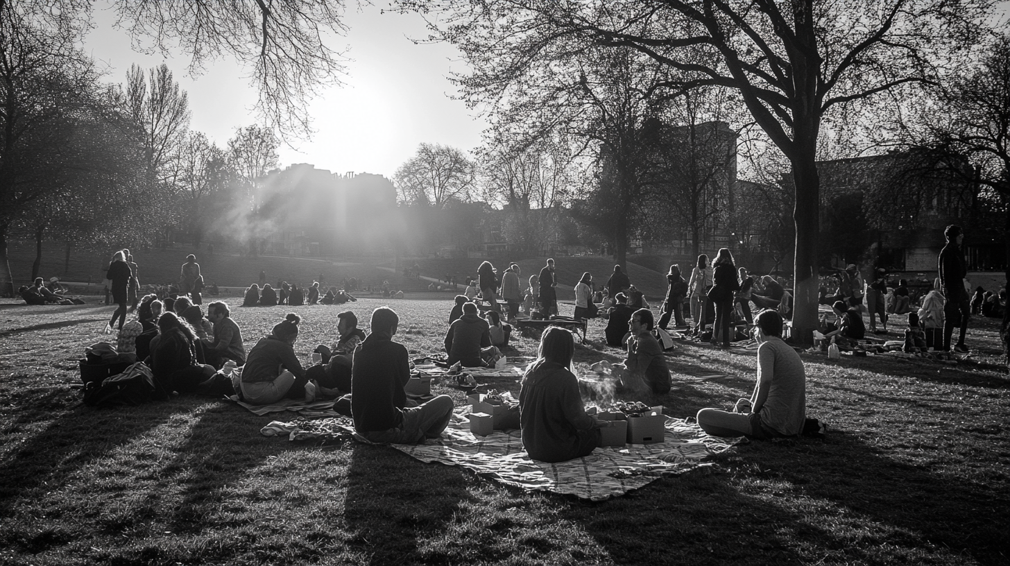 Picnic in Antwerp park, people relaxing around campfire.