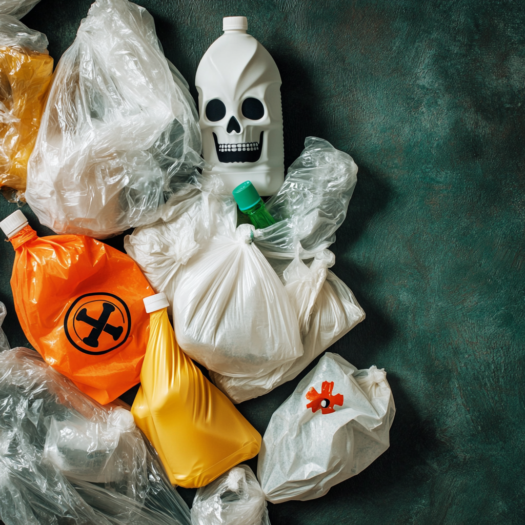 Plastic bags and bottles littered on floor, caution skull.