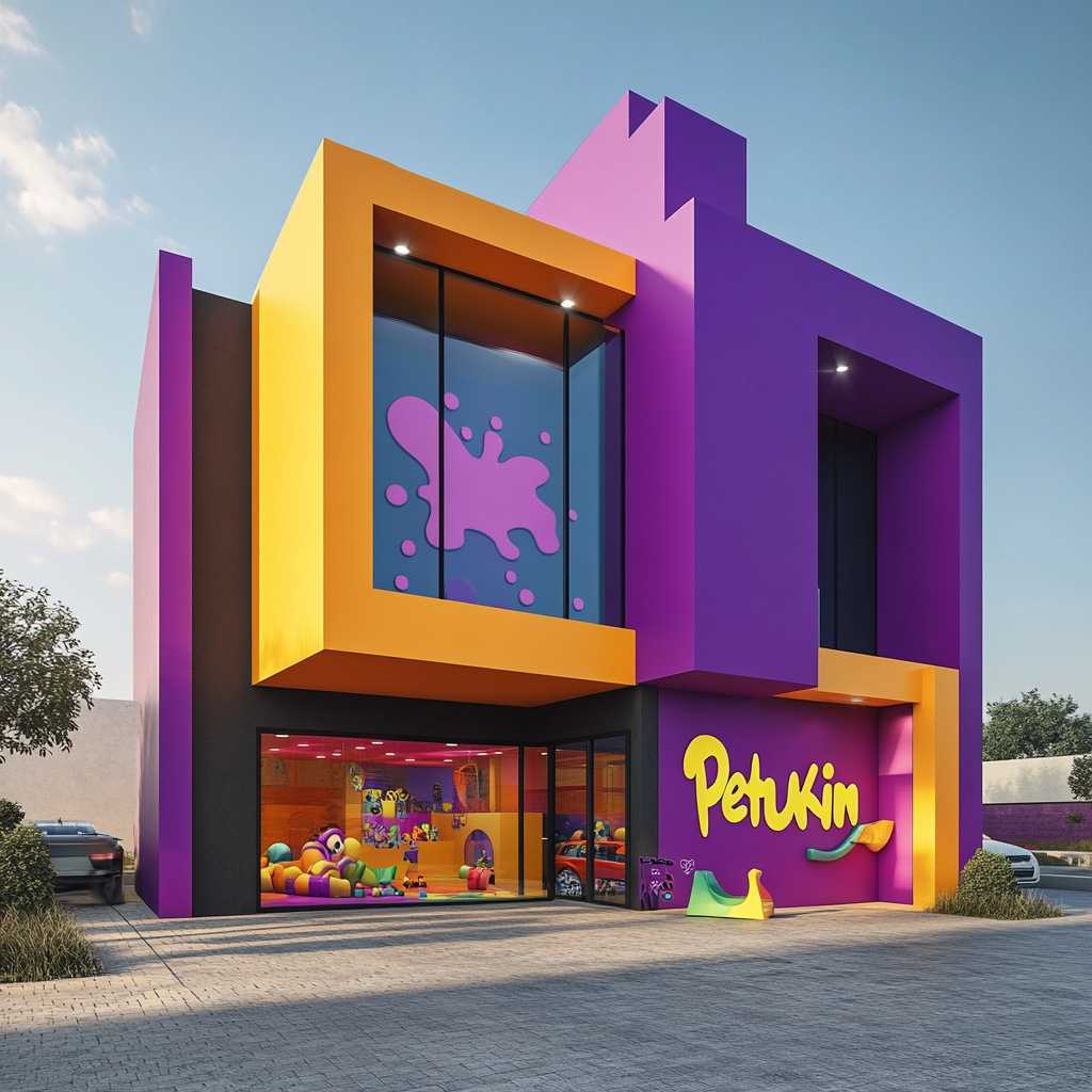 Playroom facade with purple and orange colors, Petukin character