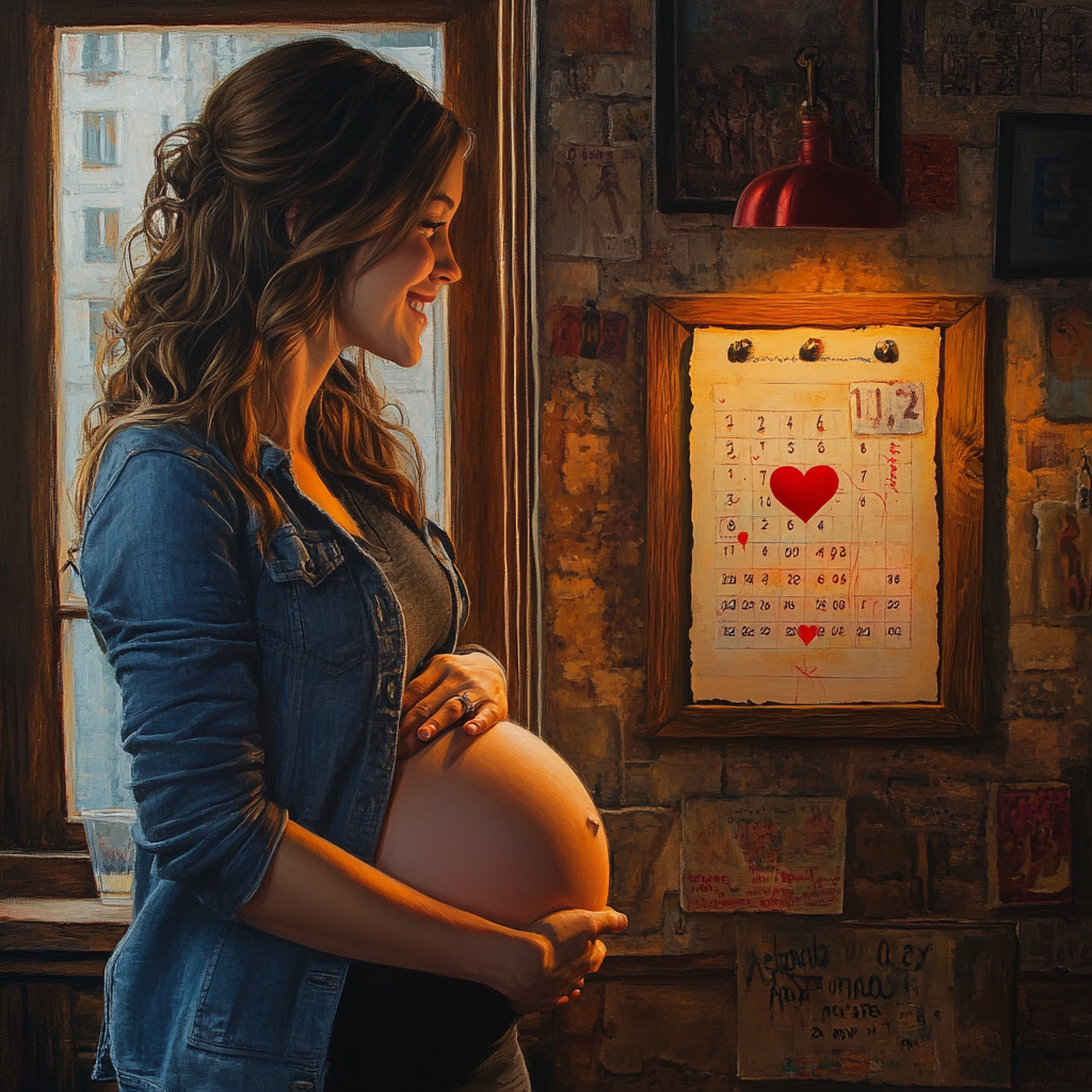 Pregnant woman smiling at heart circled date on calendar.