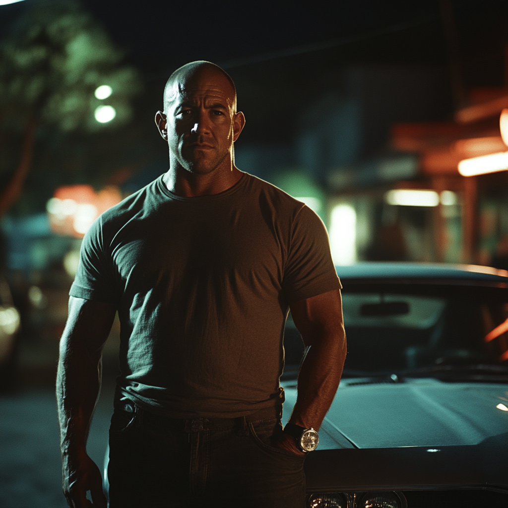 Quick Vin Diesel with car in 1950s-style movie.