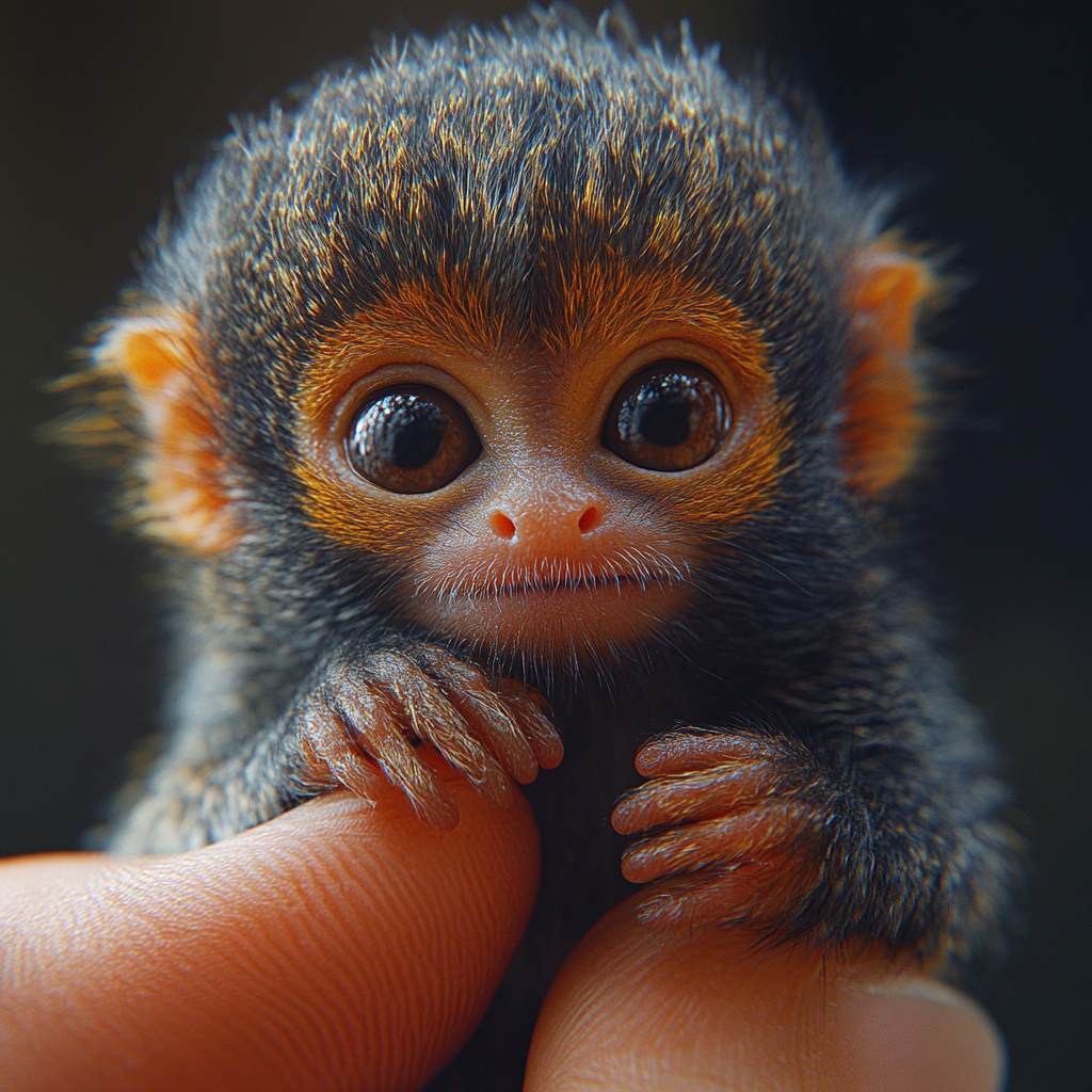 Realistic video of pygmy marmoset holding human finger.