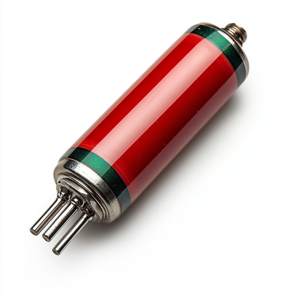 Red electronic capacitor with green stripe, white background, flying.