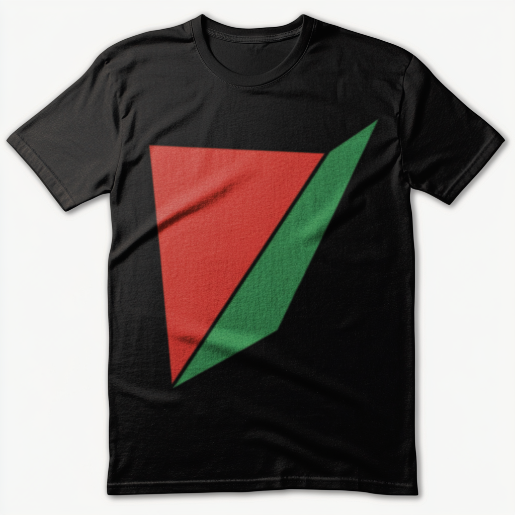 Red triangle, green top, black bottom on t-shirt.