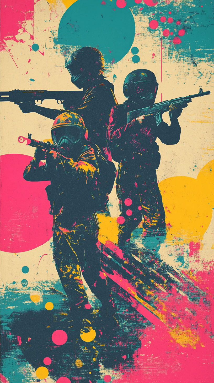 Retro kids birthday party paintball invitation with 80s style.