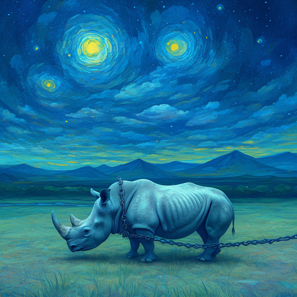 Rhino breaking chains in starry night savanna fantasy.