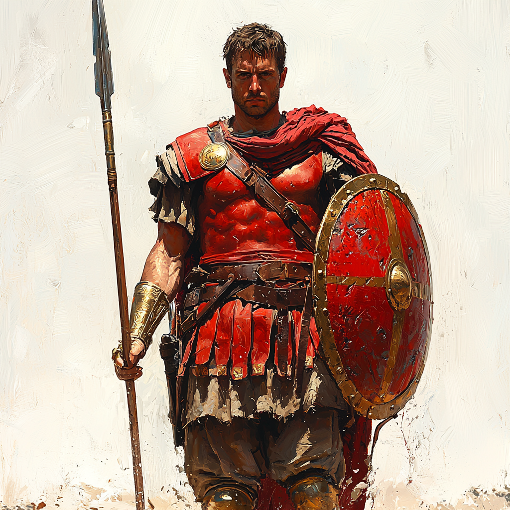 Roman soldier in red armor with spear and shield.