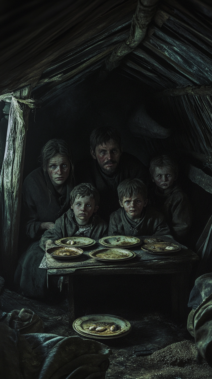 Russian family in bleak hut during famine 