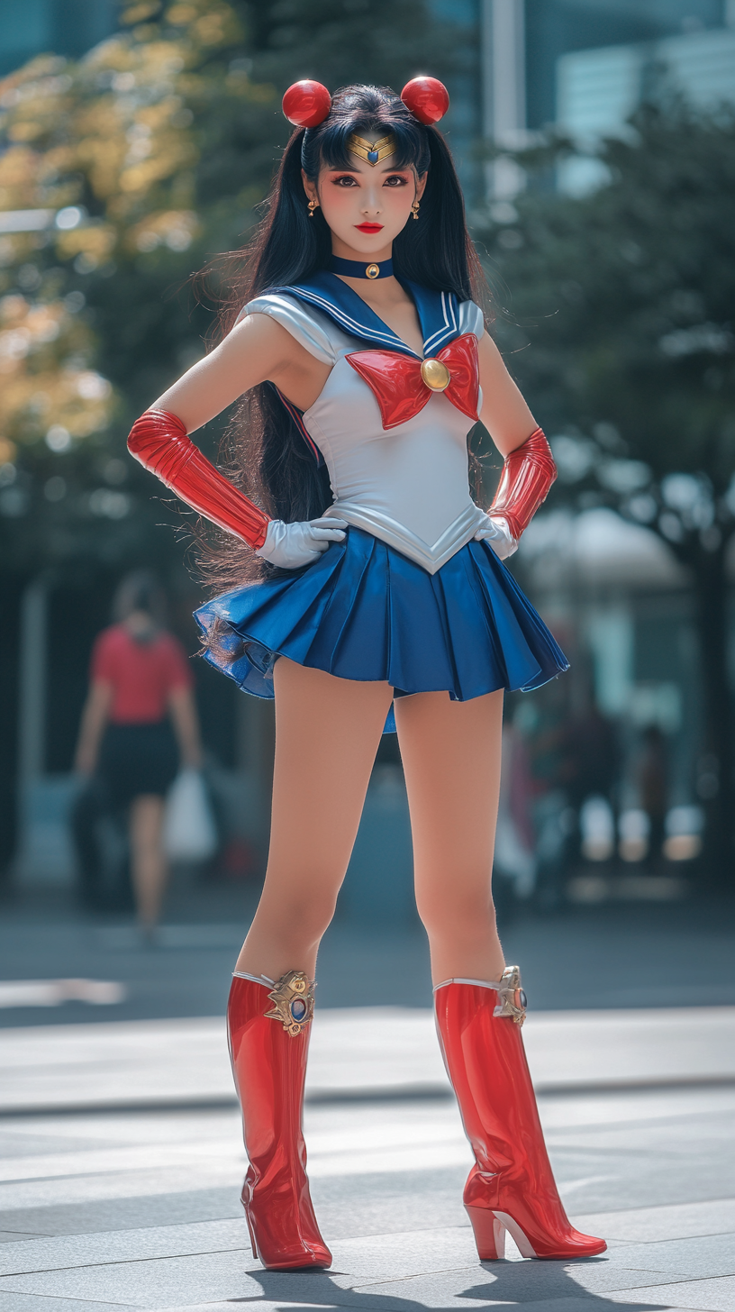 Sailor Moon cosplay: character in dynamic action stance.