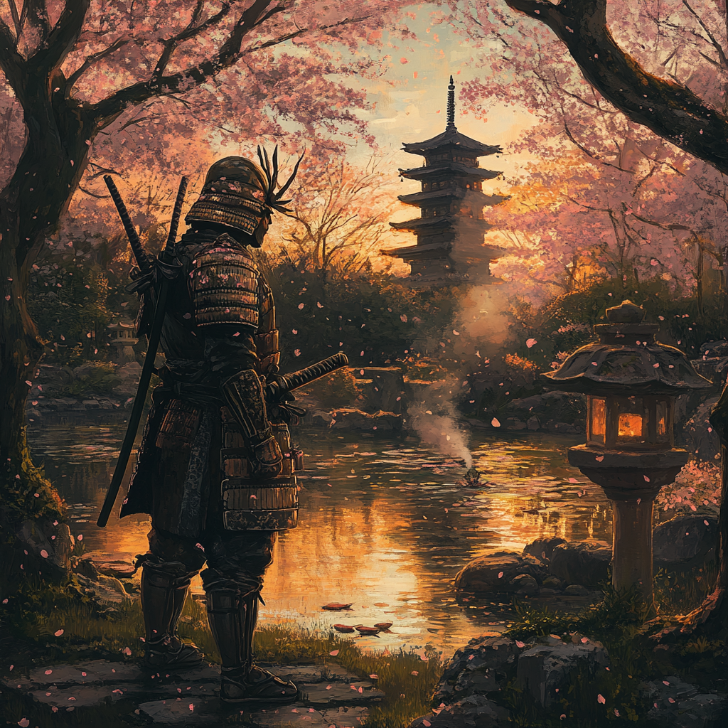 Samurai in garden at sunset, reflecting on time.