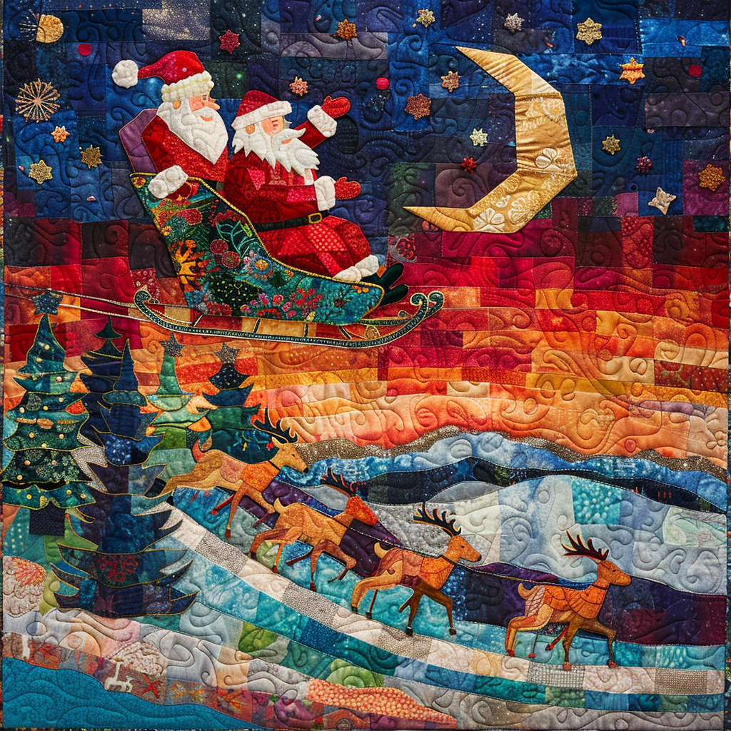 Santa in quilt-style sleigh, reindeer flying in sky.