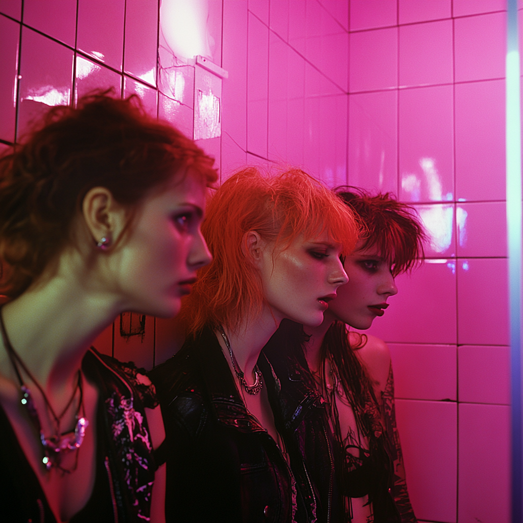 Sarah joins three women in punk disco restroom.