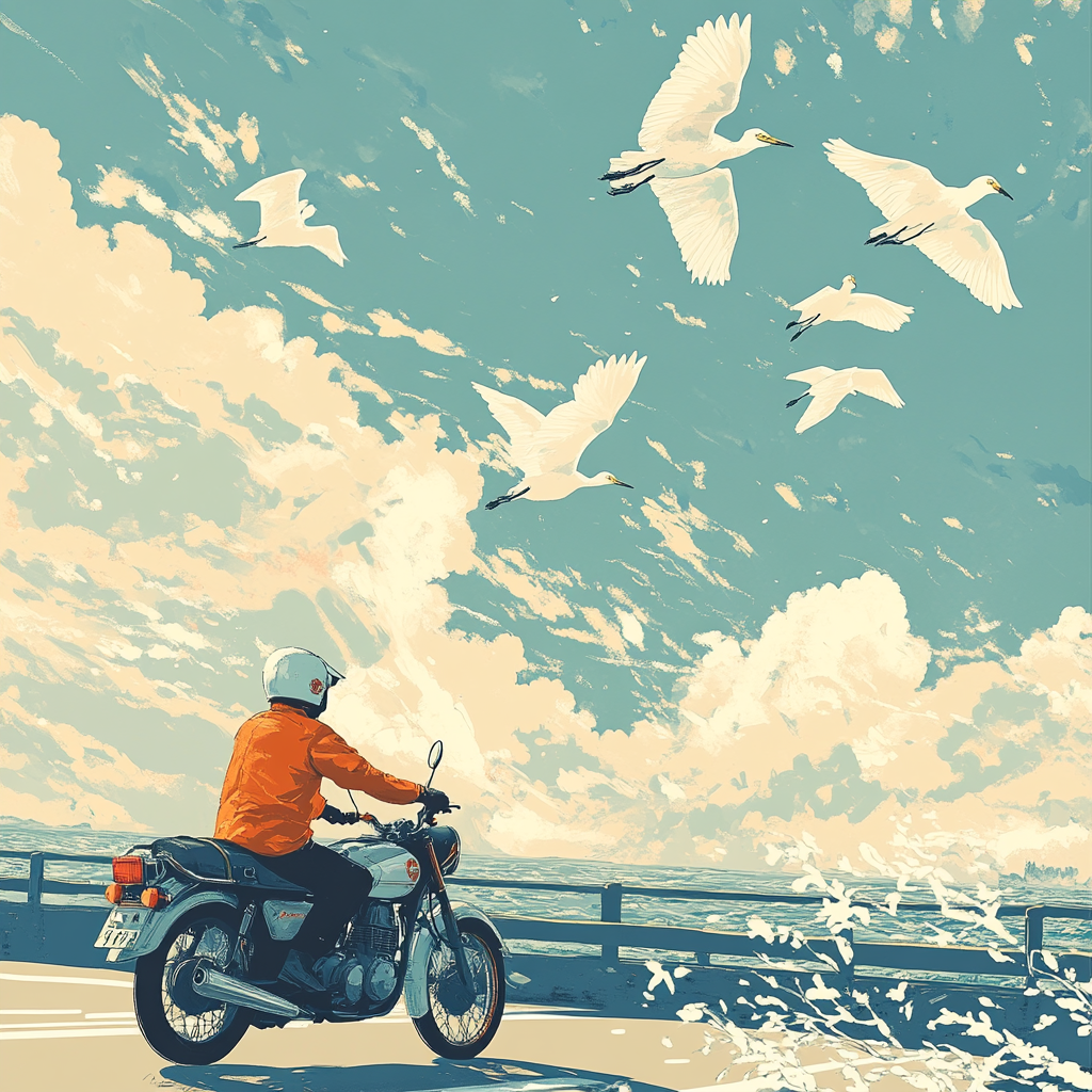 Seasonal Bai Lu Poster: Motorcycle, Egrets, Blue White Orange