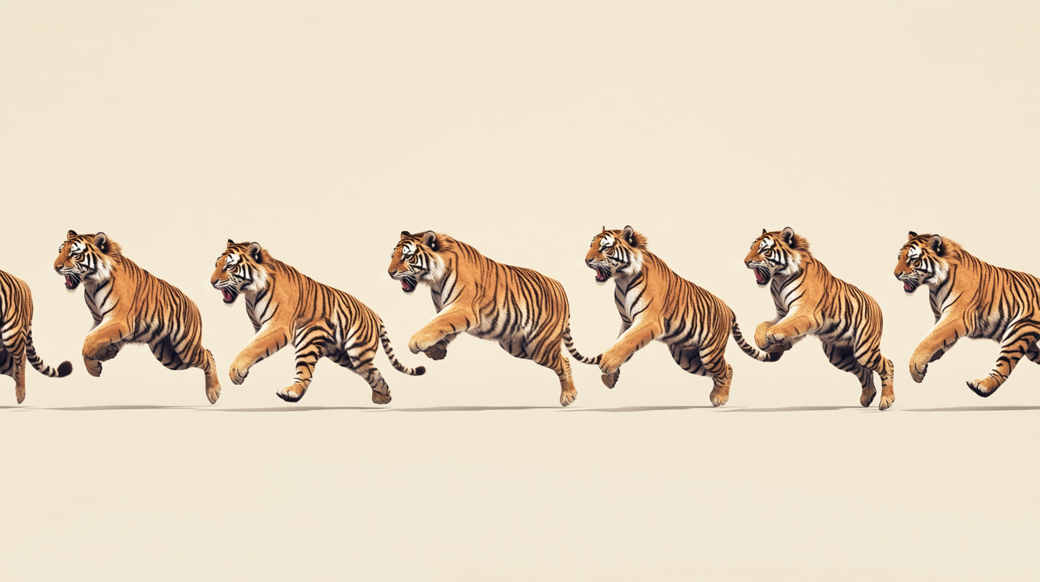 Sequence frames of tiger running in fluid motion.