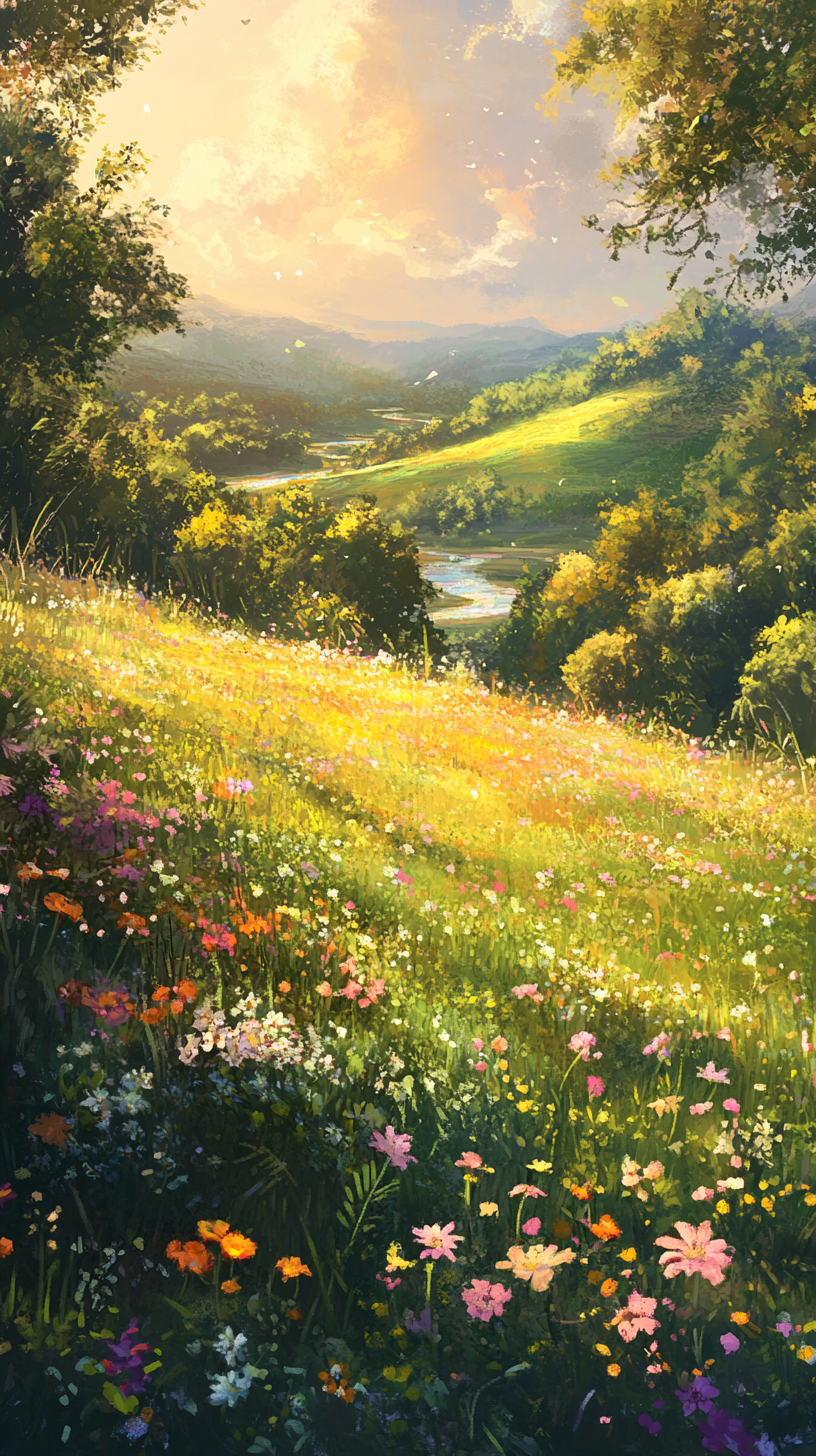 Serene, sunlit meadow with playful creatures and gentle faeries.