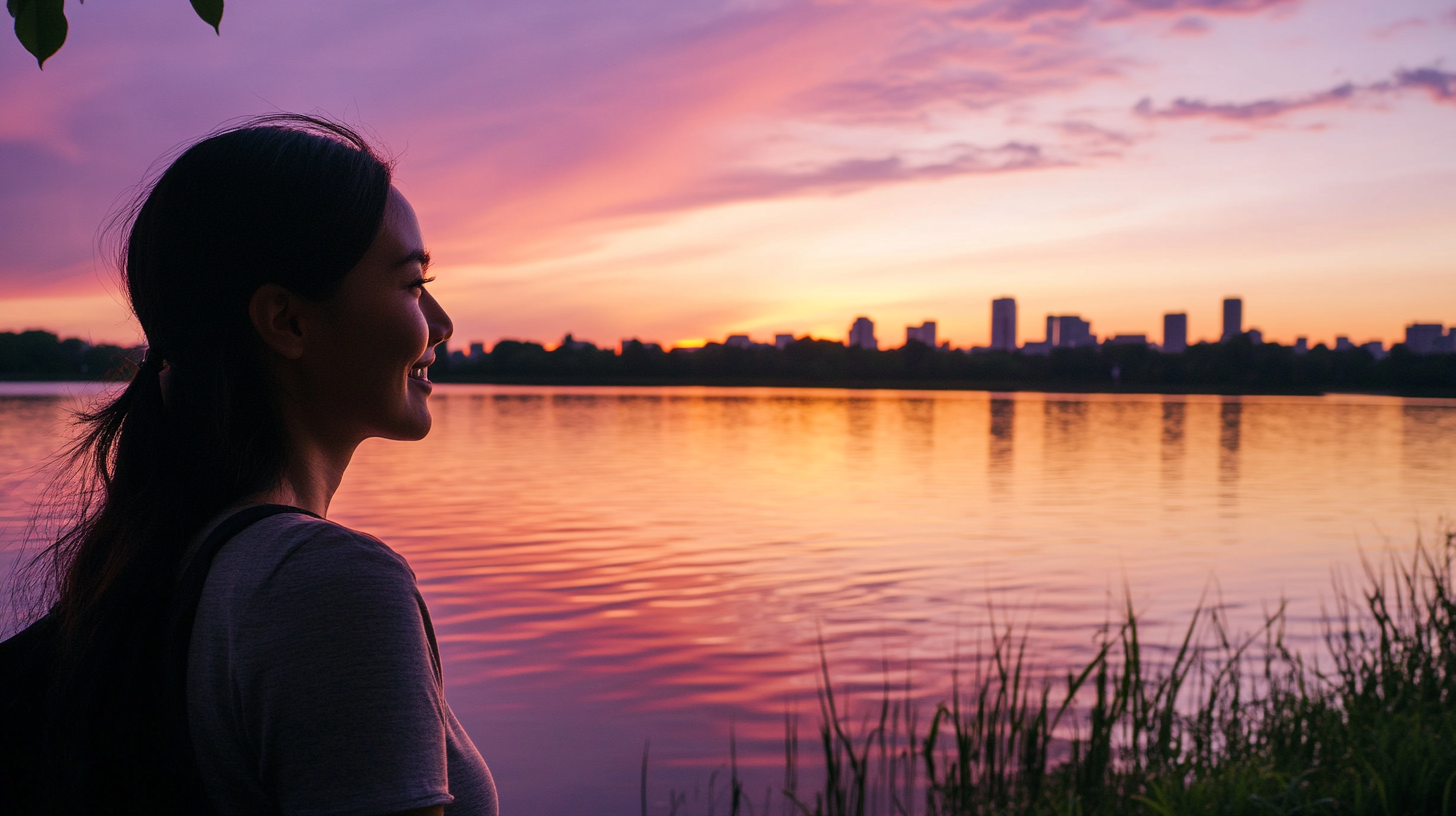 Serene photo of woman by lake at sunset.