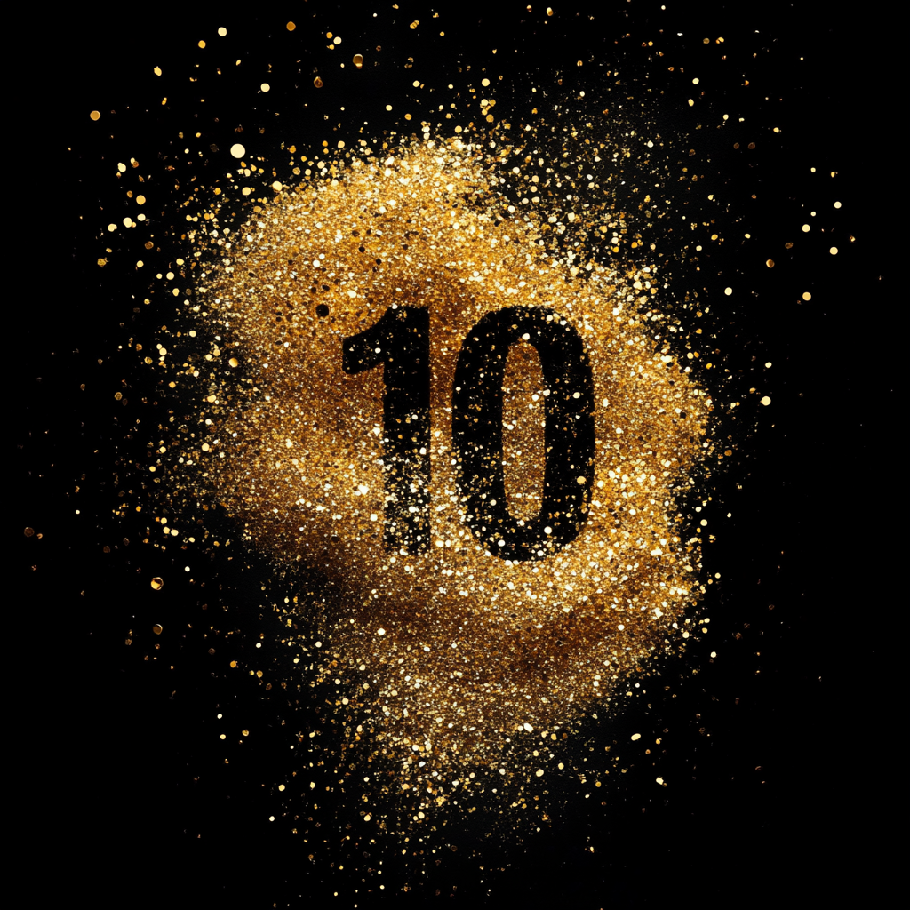 Shimmering black-gold background with subtle number 10 blend.