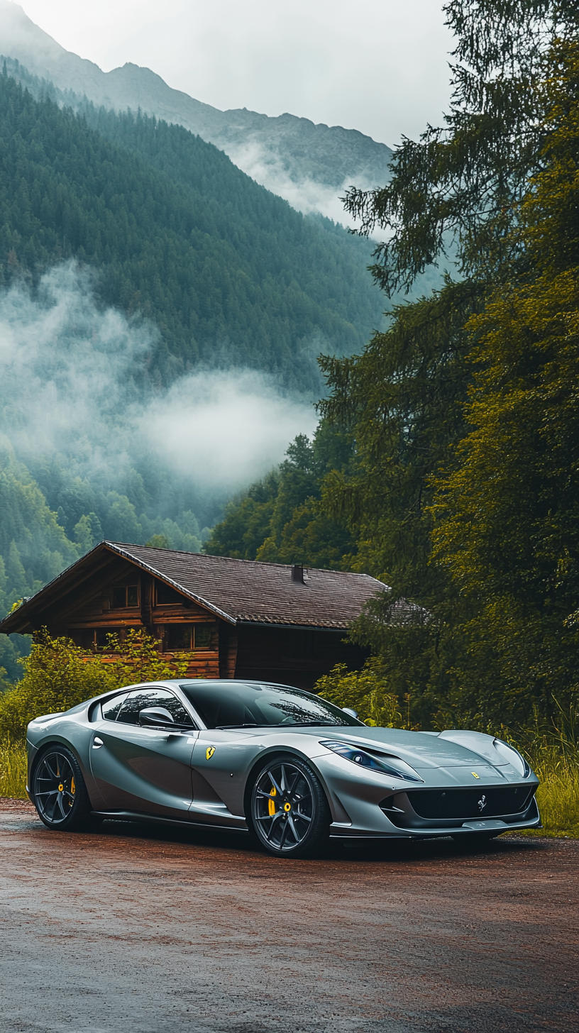 Silver Ferrari 812 Superfast near foggy mountain cabin.