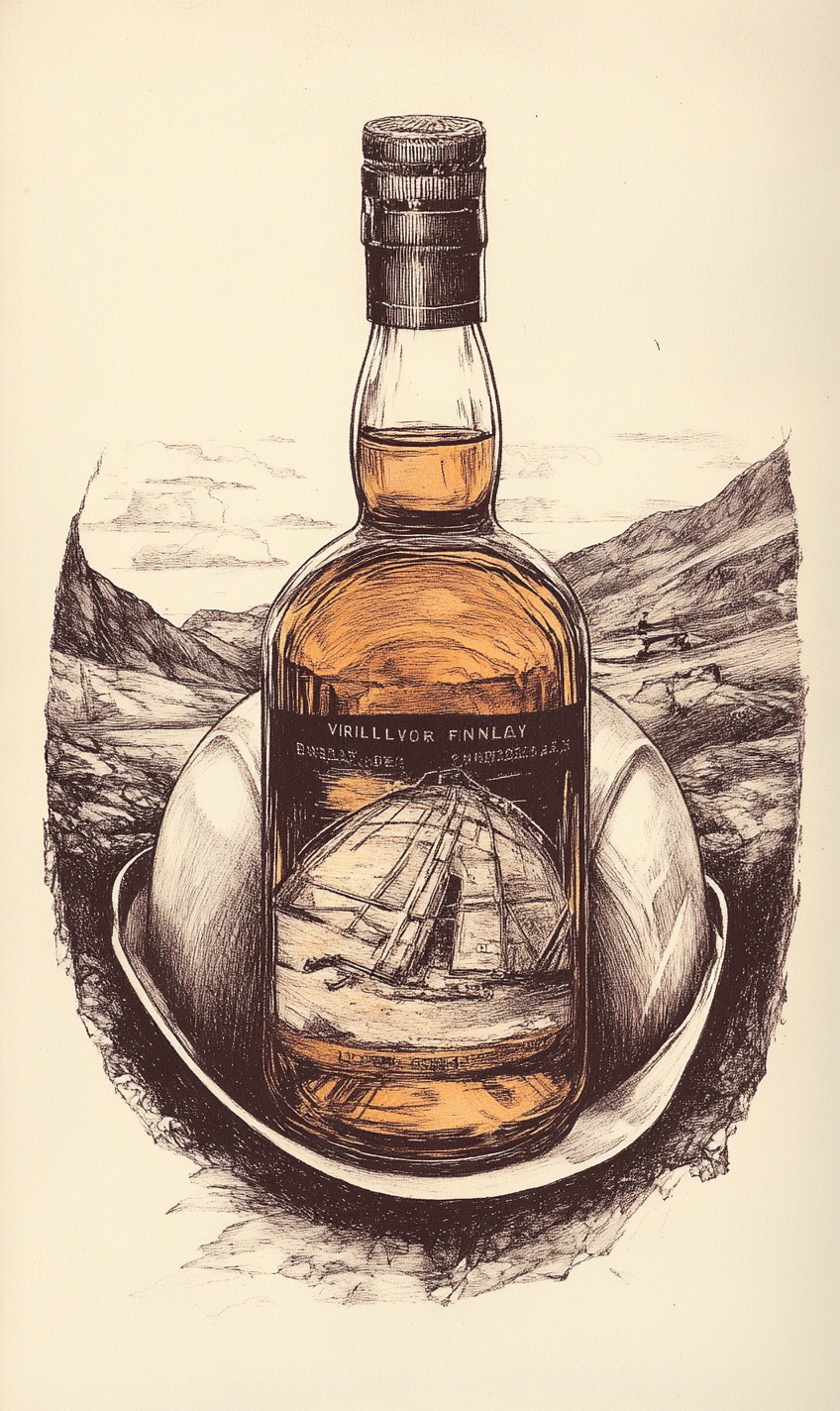 Sketch of whiskey bottle in hardhat, vintage trading card.