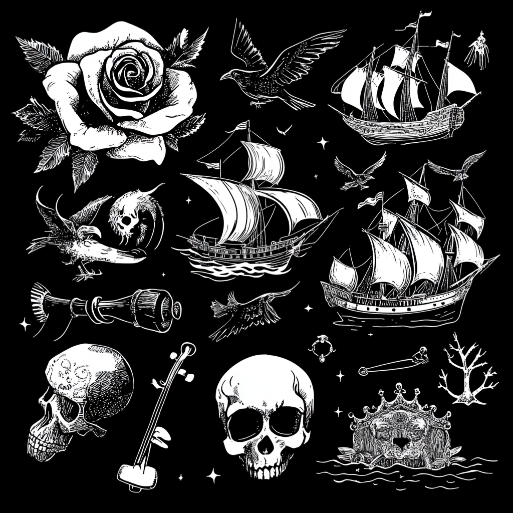 Sketches of rose, ship, guitar, crown, skull, ravens.