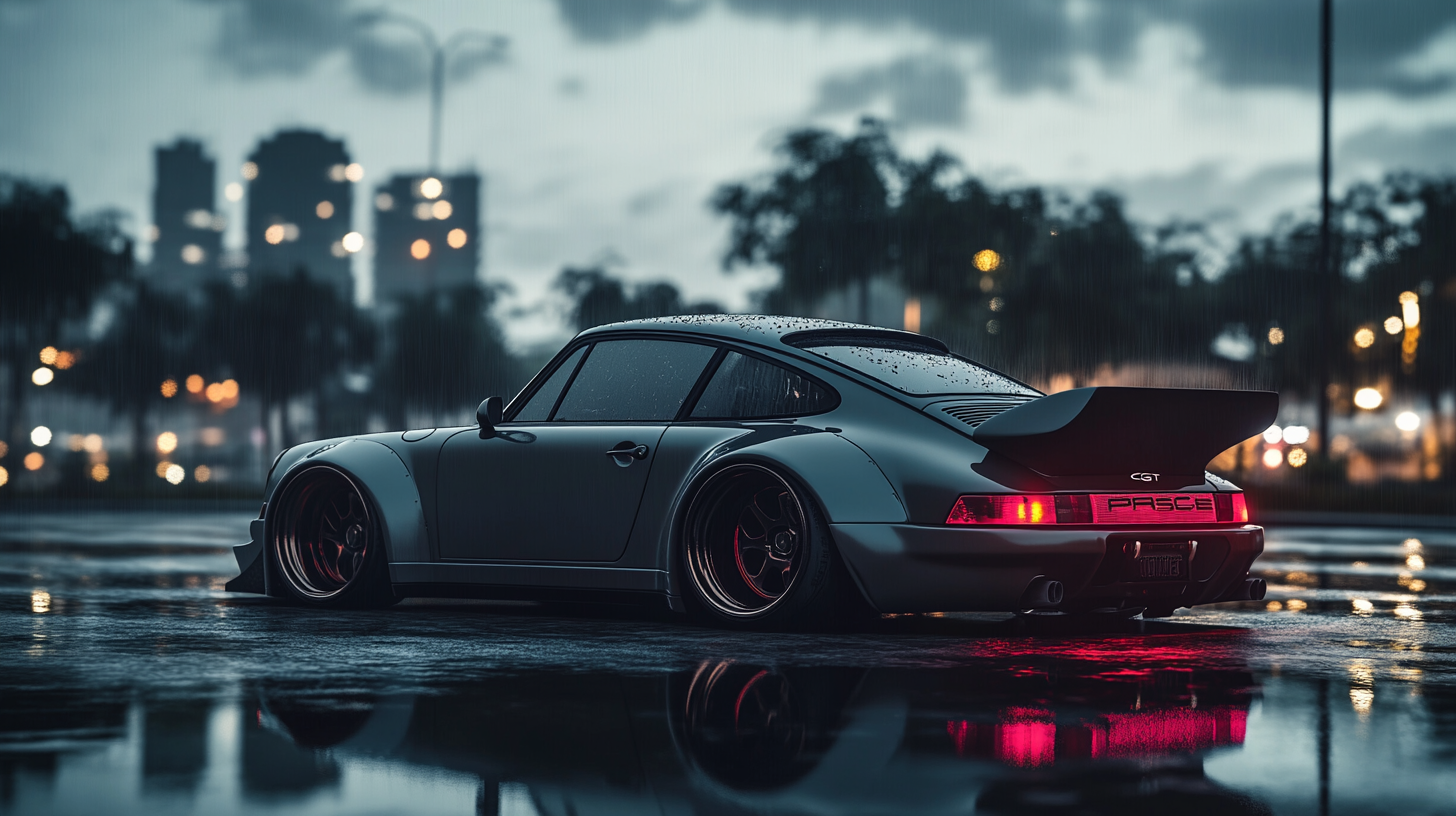 Sleek Porsche 911 on rainy night with wide body.