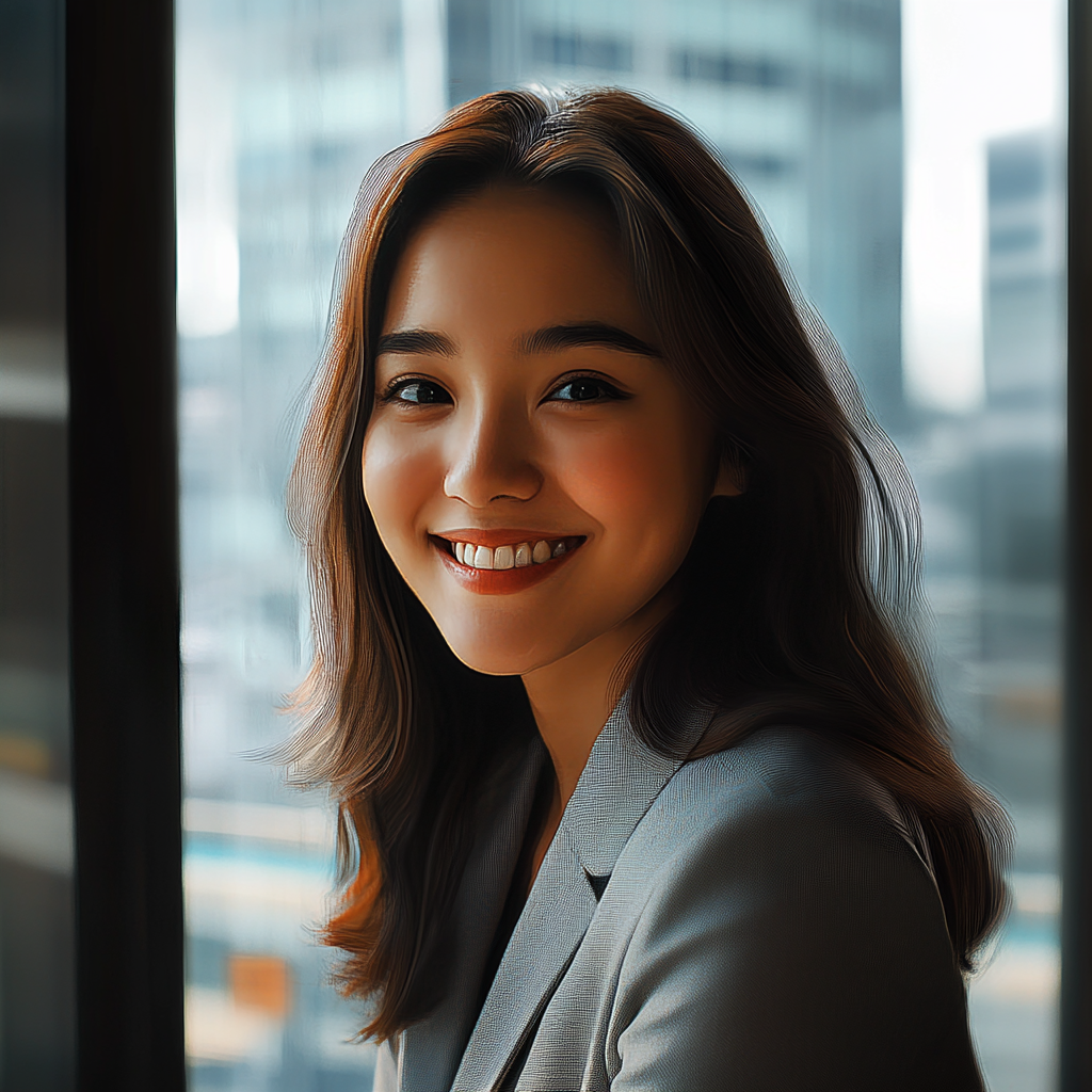 Smiling businesswoman in office, Fuji camera aesthetics. Life-time focus.