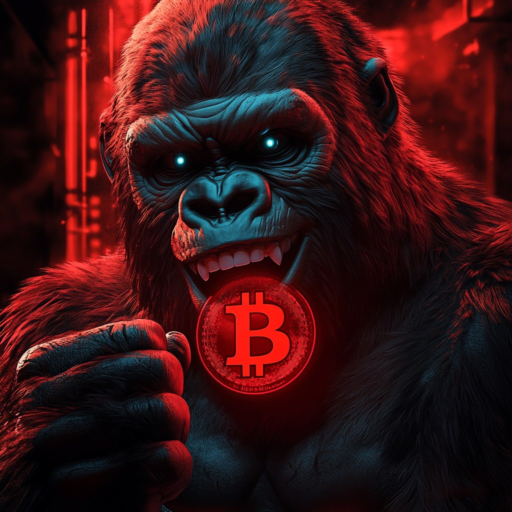 Smiling gorilla with red light, holding 3D bitcoin.