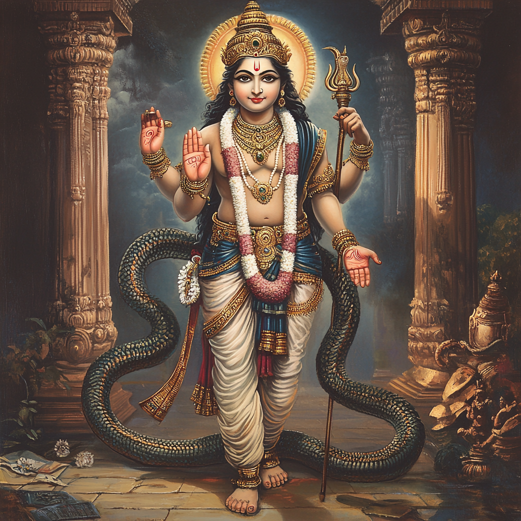 Snake body Hindu god with 2 hands standing.