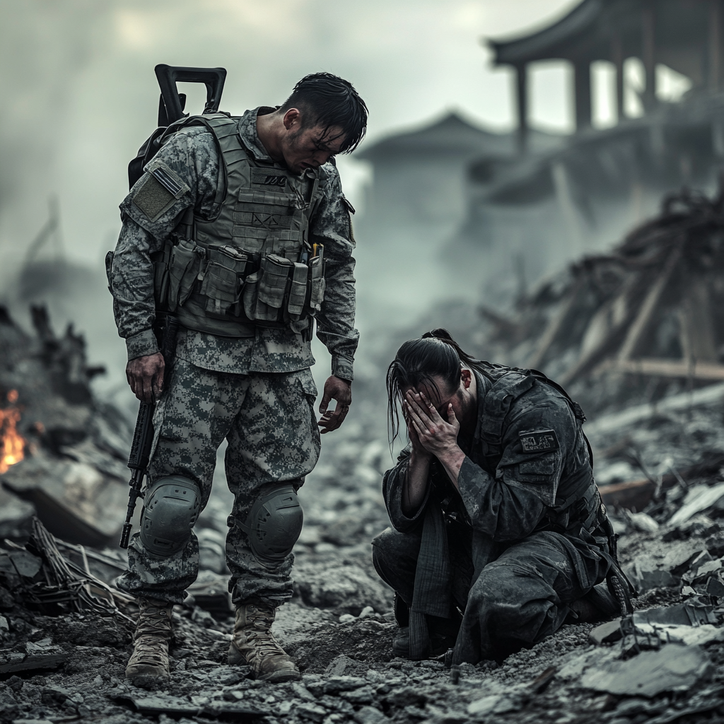 Soldier comfort martial artist in urban warzone devastation.