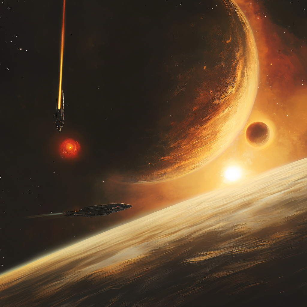 Spaceship entering dual-sun system with multiple planets.