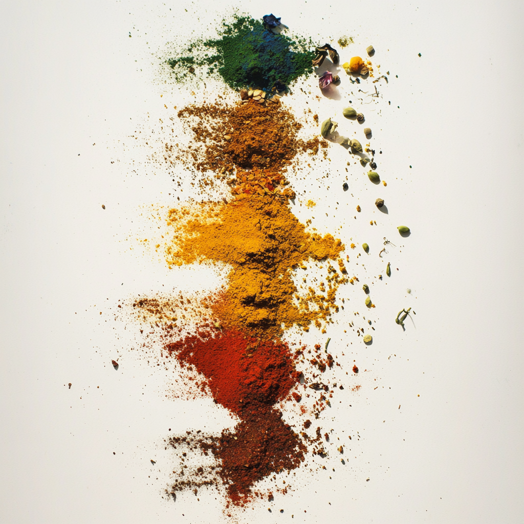 Spices mixed with abstract colors in watercolor effect.