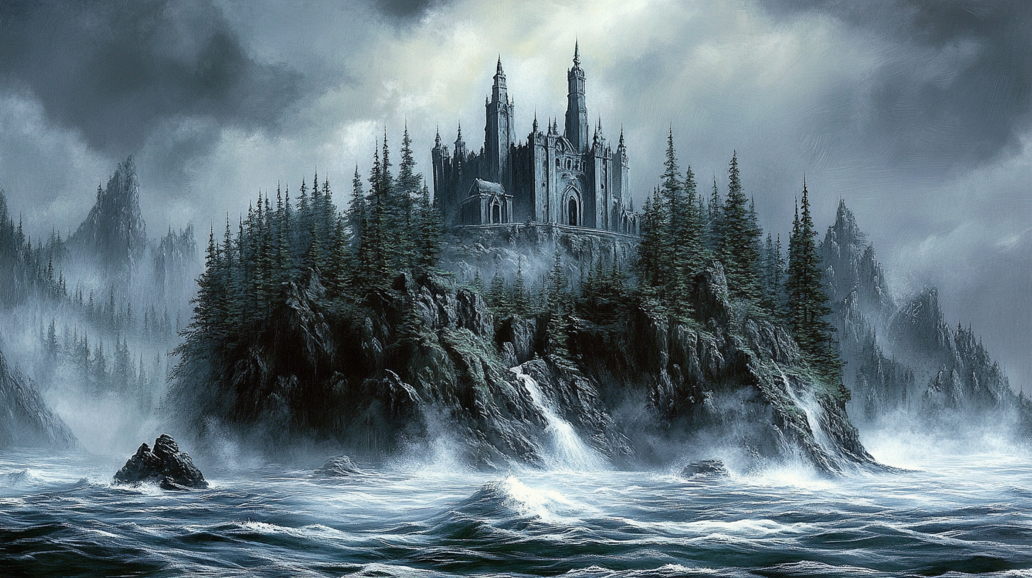 Stormy island with pine forests, mausoleums on icy cliffs.